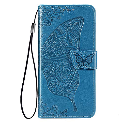 LEYAN Hülle für Google Pixel 5a, Schutzhülle Case Cover TPU/PU Flip Leder Brieftasche Handytasche mit Kartenfächer/Standfunktion, Klapp Handyhülle 3D Schmetterling, Blau von LEYAN