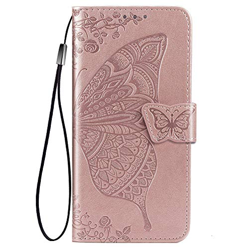 LEYAN Hülle für Oppo A54 5G / Oppo A74 5G, Schutzhülle Case Cover TPU/PU Flip Leder Brieftasche Handytasche mit Kartenfächer/Standfunktion, Klapp Handyhülle 3D Schmetterling, Rose Gold von LEYAN