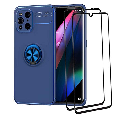 LEYAN Hülle für Oppo Find X3 Pro (6.7") + 2 Panzerglas, Schutzhülle TPU Silikon Handyhülle mit 360 Grad Drehung Fingerring Ständer, Stoßfest Bumper Case Soft Flex Cover, Blau+Blau von LEYAN