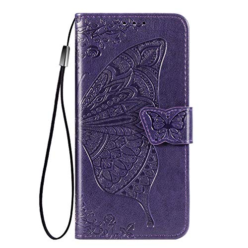 LEYAN Hülle für Samsung Galaxy A02s, Schutzhülle Case Cover TPU/PU Flip Leder Brieftasche Handytasche mit Kartenfächer/Standfunktion, Klapp Handyhülle 3D Schmetterling, Dunkel Violett von LEYAN