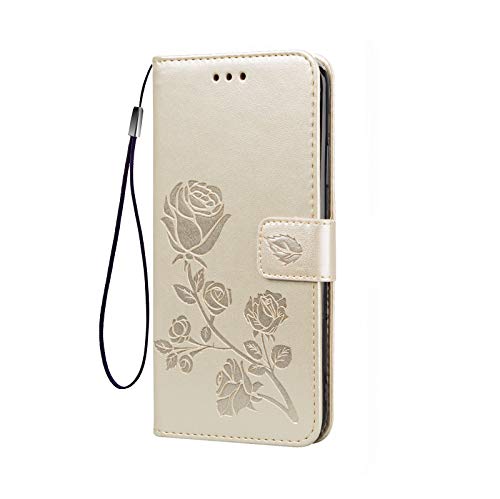 LEYAN Hülle für Samsung Galaxy A02s, Schutzhülle Case Cover TPU/PU Flip Leder Brieftasche Handytasche mit Kartenfächer/Standfunktion, Klapp Handyhülle Rose Geprägtem, Gold von LEYAN