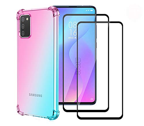 LEYAN Hülle für Samsung Galaxy A02s + 2 Panzerglas, Schutzhülle TPU Silikon Handyhülle mit Farbverlauf Design, Transparent Stoßfest Bumper Case Soft Flex Cover, Pink/Grün von LEYAN