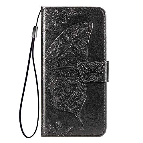 LEYAN Hülle für Samsung Galaxy A12 /M12, Schutzhülle Case Cover TPU/PU Flip Leder Brieftasche Handytasche mit Kartenfächer/Standfunktion, Klapp Handyhülle 3D Schmetterling, Schwarz von LEYAN