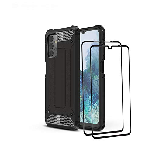 LEYAN Hülle für Samsung Galaxy A32 5G + 2 Panzerglas, [Armor Serie] Stoßfest Handyhülle, Hybrid PC/TPU Doppelschicht Schutzhülle, Heavy-Duty-Schutz Bumper Armor Case Cover, Schwarz von LEYAN