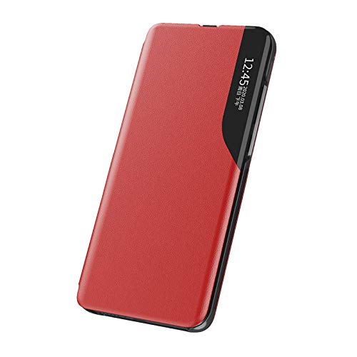 LEYAN Hülle für Samsung Galaxy A51 5G, Premium PC/PU Leder Schutzhülle, Spiegel Cover Clear View Case Flip Intelligenten Handyhülle etui Huelle mit Klappbarer Ständer, Rot von LEYAN