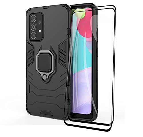 LEYAN Hülle für Samsung Galaxy A72 | A72 5G + 2 Panzerglas, Schutzhülle TPU/PC Handyhülle mit 360 Grad Drehung Fingerring Ständer, Stoßfest Bumper Armor Case Hybrid Cover, Schwarz von LEYAN