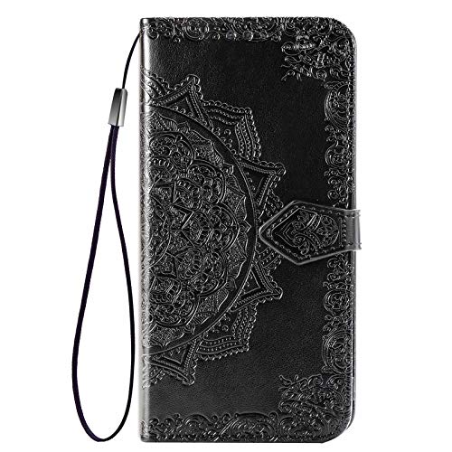 LEYAN Hülle für Samsung Galaxy S20 FE 5G, Schutzhülle Case Cover TPU/PU Flip Leder Brieftasche Handytasche mit Kartenfächer/Standfunktion, Klapp Handyhülle Mandala Geprägtem, Schwarz von LEYAN