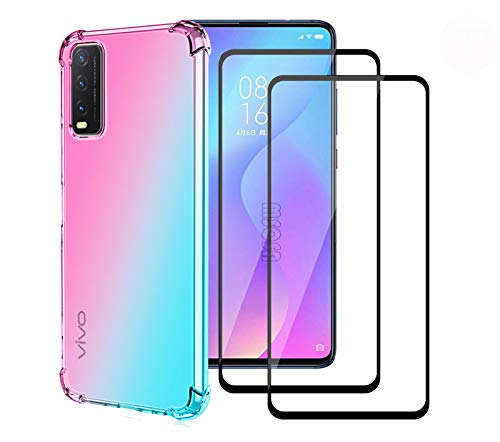 LEYAN Hülle für Vivo Y20s / Vivo Y11s / Vivo Y20 + 2 Panzerglas, Schutzhülle TPU Silikon Handyhülle mit Farbverlauf Design, Transparent Stoßfest Bumper Case Soft Flex Cover, Pink/Grün von LEYAN