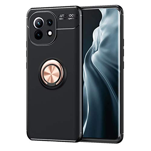 LEYAN Hülle für Xiaomi Mi 11, Schutzhülle TPU Silikon Handyhülle mit 360 Grad Drehung Fingerring Ständer, Stoßfest Bumper Case Soft Flex Cover, Roségold+Schwarz von LEYAN