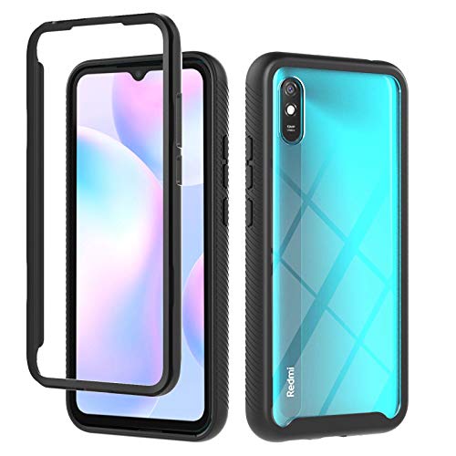 LEYAN Hülle für Xiaomi Redmi 9AT, Transparent Zurück 360 Grad Case Bumper Cover Kratzfester PC/TPU Hybrid Schutzhülle Handyhülle, Stoßfeste Outdoor Rugged Hülle, Schwarz von LEYAN