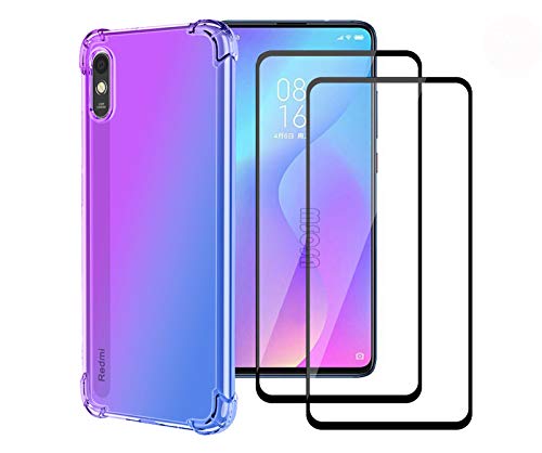 LEYAN Hülle für Xiaomi Redmi 9AT / Xiaomi Redmi 9A + 2 Panzerglas, Schutzhülle TPU Silikon Handyhülle mit Farbverlauf Design, Transparent Stoßfest Bumper Case Soft Flex Cover, Lila/Blau von LEYAN
