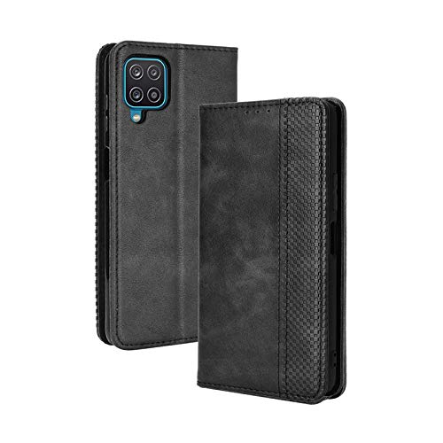 LEYAN Leder Folio Hülle für Samsung Galaxy A12 /M12, Lederhülle Brieftasche Mit Kartensteckplätzen, Premium Flip PU/TPU Handyhülle Schutzhülle Case Cover mit Ständer Funktion (Schwarz) von LEYAN