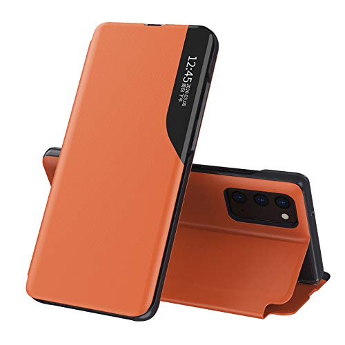 LEYAN Schutzhülle für Samsung Galaxy A32 5G, Prime, Schutzhülle aus PU-Leder, mit transparentem Sichtfenster, Flip Smart View Case Cover mit klappbarem Ständer, Orange von LEYAN