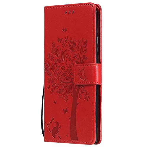 LEYAN Schutzhülle für Samsung Galaxy A52 | A52 5G, Flip TPU/PU-Leder, Brieftasche, mit Kartenschlitz/Standfunktion, geprägt, magnetisches Motiv, Rot von LEYAN