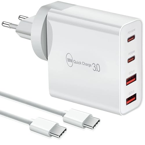 100W USB C Ladegerät und USB-c Kabel (1m), Schnellladegerät 4 Ports Quick Charger PD 3.0 Mehrfach kompatibel mit iPhone 15, Mac Pro/Air, İpad Pro, Samsung, Huawei, Xiaomi, Type C und USB Netzeil von LEYF