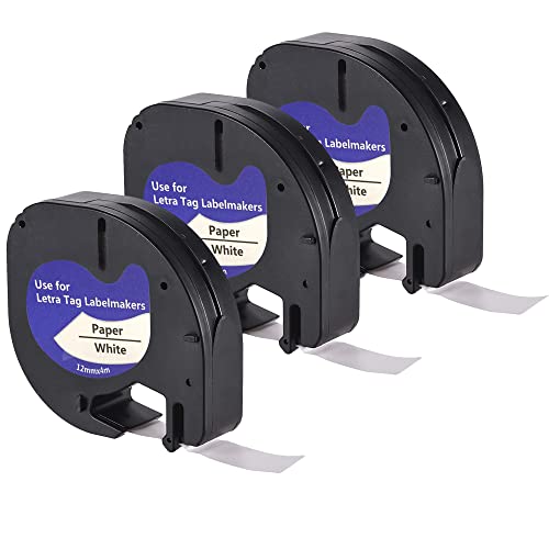 LEYF 3 Stück Etikettenband, Kompatibel mit Dymo 91200, 12mm x 4mm Schriftband für Dymo LetraTag LT-100H, LT-100H Plus, LT-100T, LT-100T Plus, 2000, QX50, XM, XR, Wasserdicht, Schwarz auf Weiß von LEYF