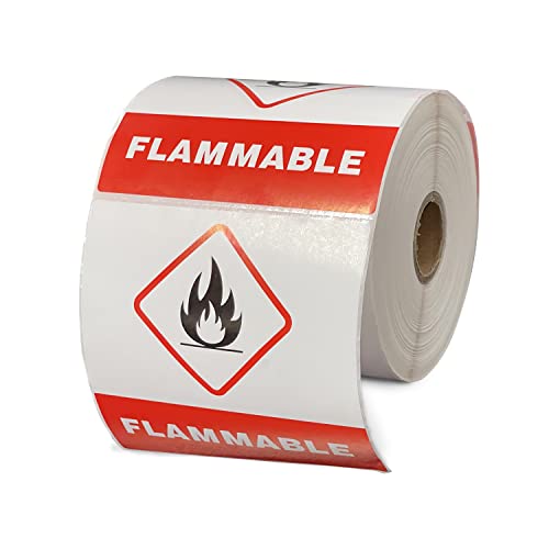 LEYF Warnaufkleber -Flammable-, Aufkleber Für Brennbares Material, 100 x 100 mm, 1 Rolle Pack Etiketten = 500 Label, Selbstklebende, Warnetiketten, Versandetiketten, Hellrot von LEYF