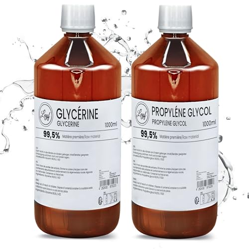 Leyf 1000 ml Glycerin E422 + 1000 ml Propylenglykol E1520, Perfekt für DIY, Pharmaqualität Reinheit, Lebensmittelqualität, Raw Material VG + PG, Rein, Vegan, Ph. Eur/USP von LEYF