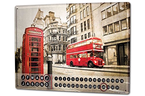 Wandkalender 2019 Jahreskalender Dauerkalender 2020 Kalender 2021 Terminplaner Fotokalender Retro Metropole London roter Bus Telefonzelle Metall Magnet von LEotiE SINCE 2004