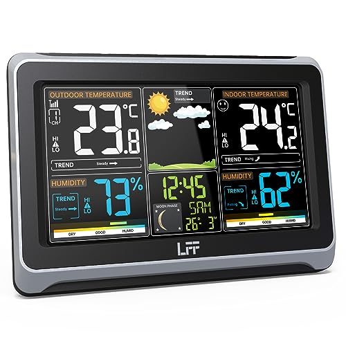 Kabellose Indoor Outdoor Wetterstation, LFF Farbdisplay Digitales Wetterthermometer mit Außensensor, Wettervorhersagestation mit Luftfeuchtigkeit, Home Office Barometer von LFF