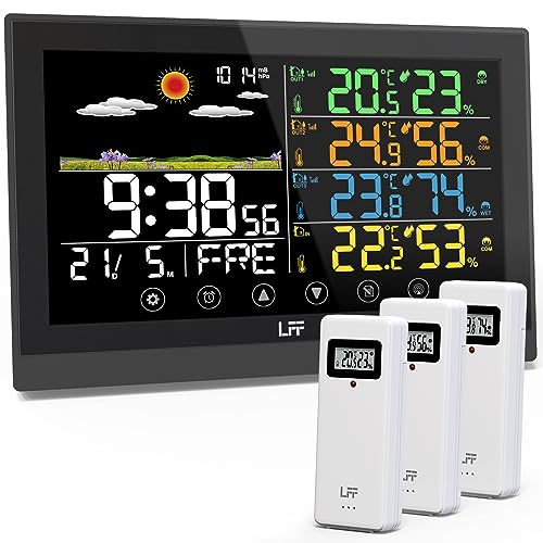 LFF Drahtlose Wetterstation, Funkwetterstation Indoor Outdoor mit Sensoren, Farbdisplay Digitale Atomuhr Innen Außen Thermometer Wireless, Vorhersage Station mit Einstellbarer Hintergrundbeleuchtung von LFF