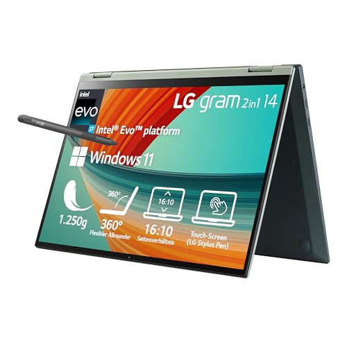 2023 LG gram 14 Zoll Ultralight 2-in-1 Convertible Notebook & Tablet - 1.250g Intel Core i7 (16GB RAM, 1TB SSD, 16:10 IPS LCD Display mit Pen Touch, Thunderbolt 4, Win 11 Home, Mirametrix) - Grün von LG Electronics