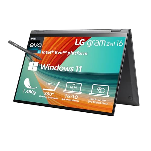 2023 LG Gram 16 Zoll Ultralight 2-in-1 Convertible Notebook & Tablet - 1.480g Intel Core i7 (16GB RAM, 1TB SSD, 16:10 IPS LCD Display mit Pen Touch, Thunderbolt 4, Win 11 Home, Mirametrix) - Schwarz von LG