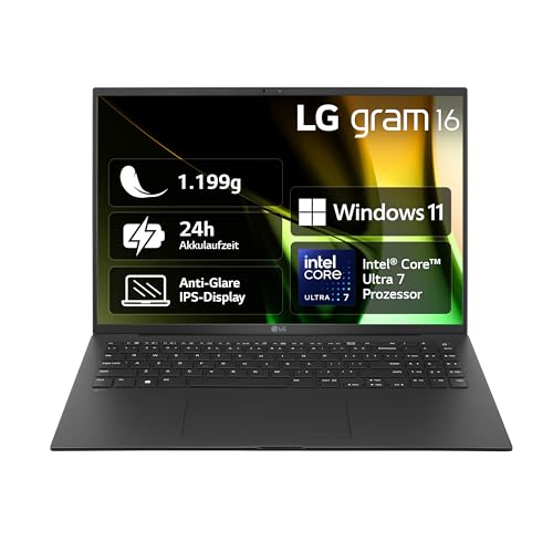 2024 LG gram 16 Zoll Notebook - 1199g Intel Core Ultra7 Laptop (16GB RAM, 1TB Dual SSD, 24h Akkulaufzeit, IPS Panel Anti-Glare Display, Win 11 Home) - Schwarz von LG Electronics