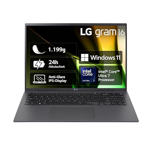 2024 LG gram 16 Zoll Notebook - 1199g Intel Core Ultra7 Laptop (32GB RAM, 2TB Dual SSD, 24h Akkulaufzeit, IPS Panel Anti-Glare Display, Win 11 Home) - Grau von LG