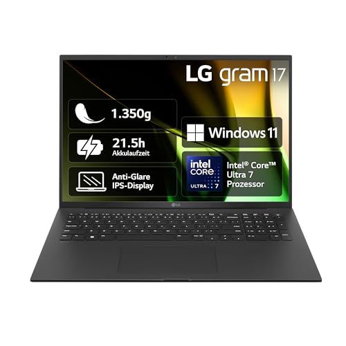 2024 LG gram 17 Zoll Notebook - 1350g Intel Core Ultra7 Laptop (16GB RAM, 1TB Dual SSD, 21,5h Akkulaufzeit, IPS Panel Anti-Glare Display, Win 11 Home) - Schwarz von LG Electronics