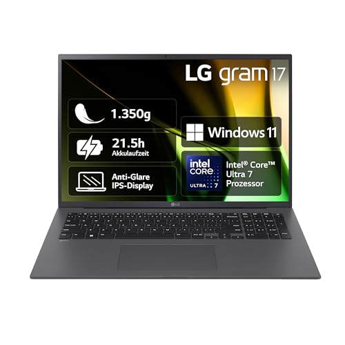 2024 LG gram 17 Zoll Notebook - 1350g Intel Core Ultra7 Laptop (32GB RAM, 2TB Dual SSD, 21,5h Akkulaufzeit, IPS Panel Anti-Glare Display, Win 11 Home) - Grau von LG Electronics