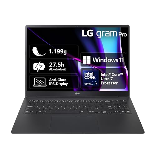 2024 LG gram Pro 16 Zoll Notebook - 1199g Intel Core Ultra7 Laptop (32GB RAM, 2TB Dual SSD, 24,5h Akkulaufzeit, IPS Panel Anti-Glare Display, Win 11 Home) - Schwarz von LG Electronics