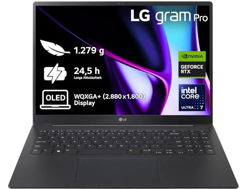 2024 LG gram Pro 16 Zoll Notebook - 1199g Intel Core Ultra7 Laptop (32GB RAM, 2TB Dual SSD, 24,5h Akkulaufzeit, IPS Panel Anti-Glare Display, Win 11 Pro) - Schwarz von LG Electronics