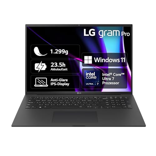 2024 LG gram Pro 17 Zoll Notebook - 1299g Intel Core Ultra7 Laptop (16GB RAM, 1TB Dual SSD, 23,5h Akkulaufzeit, IPS Panel Anti-Glare Display, Win 11 Home) - Schwarz von LG Electronics