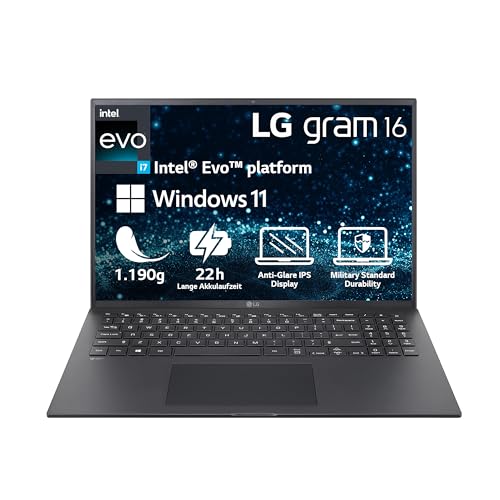LG gram (2023) | 16" 16:10 IPS LCD-Display | Ultralight Notebook 1.190g | Intel Core i7 | 16GB RAM | 512GB SSD | 22h Akkulaufzeit | Windows 11 Home | Mirametrix | Schwarz von LG Electronics