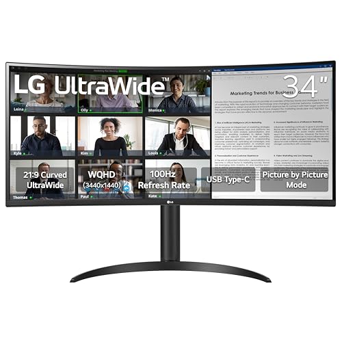 LG 34WR55QK-B 86.4 cm UltraWide WQHD (3440 x 1440) Curved Computer Monitor, 100Hz, 5ms, HDR10, Reader Mode, HDMI, DisplayPort, USB Type-C, Neigung/Höhenverstellbarer Ständer, Schwarz von LG