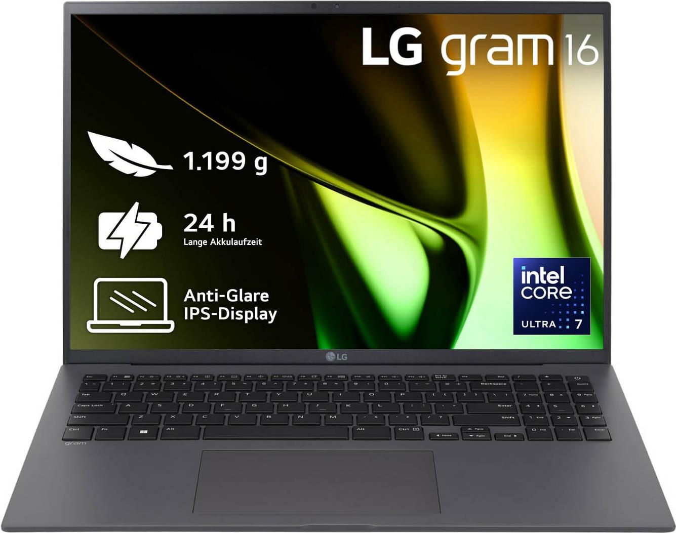 LG gram 16 Core Ultra 7 155H 16GB/1TB SSD Win11 grau 16Z90S-G.AA79G -  Intel Core Ultra 7 155H Prozessor (bis zu 4,9 GHz) - Hexadeca-Core  40,6 cm (16) QHD 16:10 Display (entspiegelt) - Webcam  16 GB RAM - 1 TB SSD  Intel Arc Grafik - HDMI - 2x Thunderbolt 4 - WLAN-ax - BT  Windows 11 Home 64 Bit - Akkulaufzeit bis 0 h - 1,2 kg (16Z90S-G.AA79G) von LG