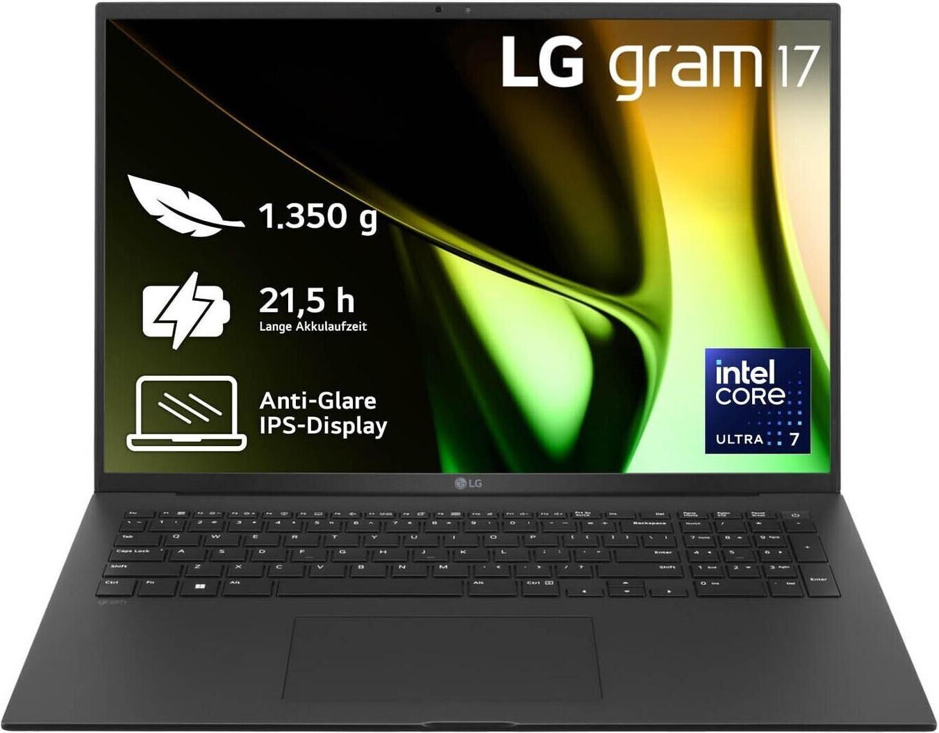 LG gram 17 Core Ultra 7 155H 16GB/512GB SSD Win11 schwarz 17Z90S-G -  Intel Core Ultra 7 155H Prozessor (bis zu 4,9 GHz) - Hexadeca-Core  43,2 cm (17) QHD 16:10 Display (entspiegelt) - Webcam  16 GB RAM - 512 GB SSD  Intel Arc Grafik - HDMI - 2x Thunderbolt 4 - WLAN-ax - BT  Windows 11 Home 64 Bit - Akkulaufzeit bis 0 h - 1,4 kg (17Z90S-G.AA75G) von LG