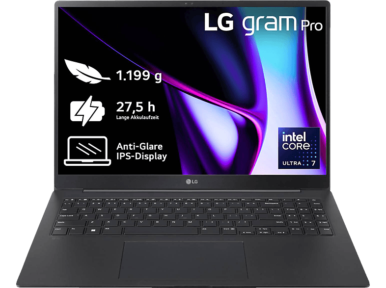 LG gram Pro 16Z90SP-G.AD7BG, Notebook, mit 16 Zoll Display, Intel® Core™ Ultra 7,155H Prozessor, 32 GB RAM, 2 TB SSD, Arc® GPU, Schwarz, Windows 11 Home (64 Bit) von LG