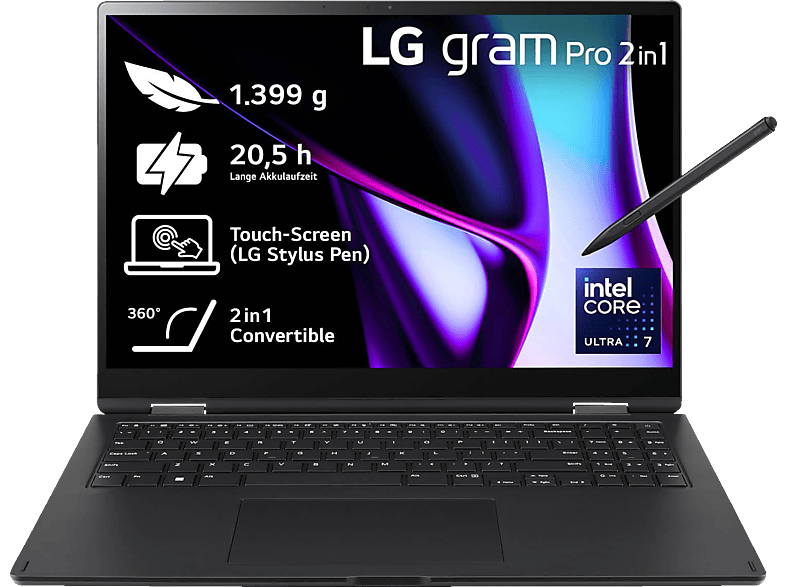 LG gram Pro 2in1 16T90SP-K.AA78G, Notebook, mit 16 Zoll Display Touchscreen, Intel® Core™ Ultra 7 155H Prozessor, GB RAM, 1 TB SSD, Arc® GPU, Schwarz, Windows 11 Home (64 Bit) von LG