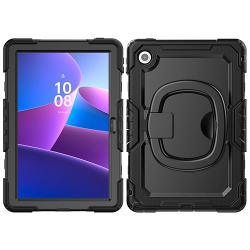 Kompatibel mit Lenovo Tab 10.1 (TB-311XU)/K10C TB311FU 2025 Hülle mit Displayschutzfolie, Ganzkörper-Schutzhülle, robuste Abdeckung, drehbarer Griff, Silikonhülle (schwarz) von LGZADD