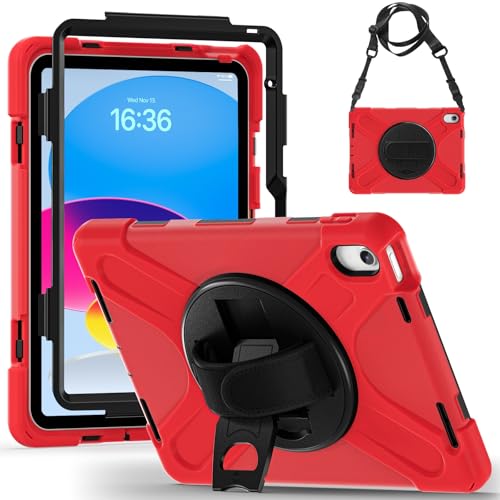 Kompatibel mit iPad (A16) 11. Generation 2025 Hülle, strapazierfähig, robust, stoßfest, Fallschutz mit Schultergurt, Schutzhülle, kompatibel mit Kinder-Silikonhülle (Vermelho) von LGZADD