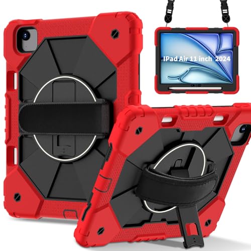 Kompatibel mit iPad Air 27,9 cm (11 Zoll) M2 2024 A2902 A2903 A2904, stoßfest, strapazierfähig, Hybrid-Abdeckung, drehbarer Ständer, abnehmbarer Gurt und integrierter Stifthalter, kratzfestes von LGZADD