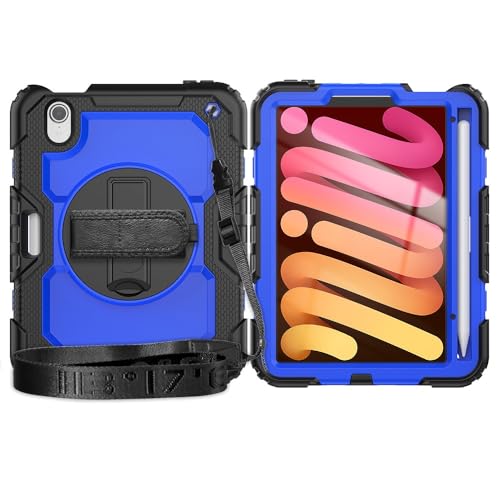 Kompatibel mit iPad Mini 7 Hülle (A17 Pro) 2024/Mini 6 21,6 cm (8,3 Zoll), robuste, stoßfeste TPU-Hülle, Schutzhülle, mit Displayschutzfolie, 380° drehbarem Ständer, Handschlaufe und Schultergurt von LGZADD