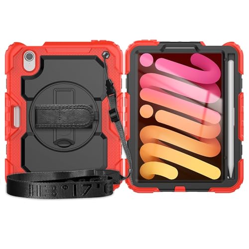 Kompatibel mit iPad Mini 7 Hülle (A17 Pro) 2024 / Mini 6 8,3 Zoll (21,6 cm), robuste, stoßfeste TPU-Hülle, Schutzhülle mit Displayschutzfolie, 380° drehbarem Ständer, Handschlaufe und Schultergurt von LGZADD