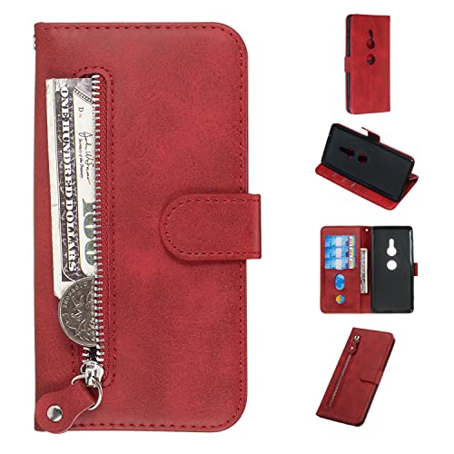 LGZADD Klapphülle kompatibel mit Sony Xperia XZ2, Premium-PU-Leder, Ständer, Kartenfächer, Magnetverschluss, Reißverschluss, stoßfeste Schutzhülle (Vermelho) von LGZADD