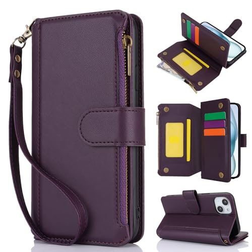 LGZADD Schutzhülle für iPhone 15, PU-Leder, magnetisch, mit Handgelenkschlaufe, Reißverschluss, Kartenhalter, Schultergurt, stoßfest, TPU, Violett von LGZADD