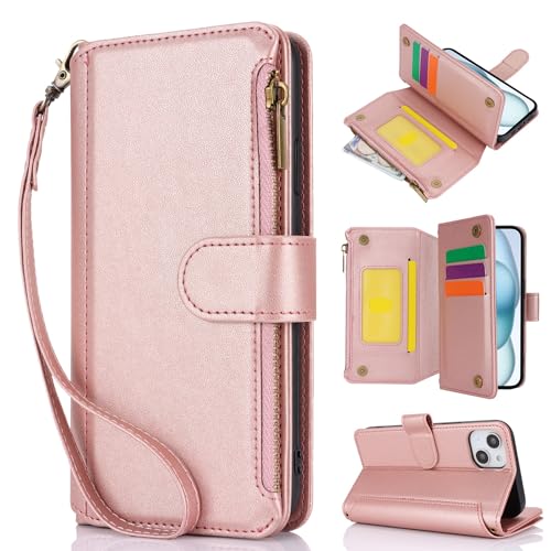 LGZADD Schutzhülle für iPhone 15, PU-Leder, magnetisch, mit Handgelenkschlaufe, Reißverschluss, Kartenhalter, Schultergurt, stoßfeste TPU-Schutzhülle (Rosa) von LGZADD