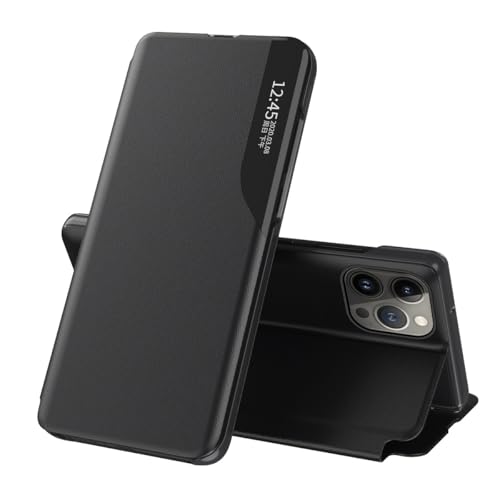 LGZADD Schutzhülle für iPhone 15 Pro, Klapphülle, Leder, klare Sicht, mit Ständer, Handyhülle, Smart-Fenster, stoßfest, kompatibel mit 15 Pro Hülle, klare Sicht (schwarz) von LGZADD