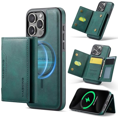 LGZADD Schutzhülle für iPhone 15 Pro, mit Kreditkartenhalter, magnetische, abnehmbare Brieftaschen-Hülle, kompatibel mit RFID-Blockierung, dreifach gefaltete Brieftaschen-Schutzhülle mit Ständer, Grün von LGZADD